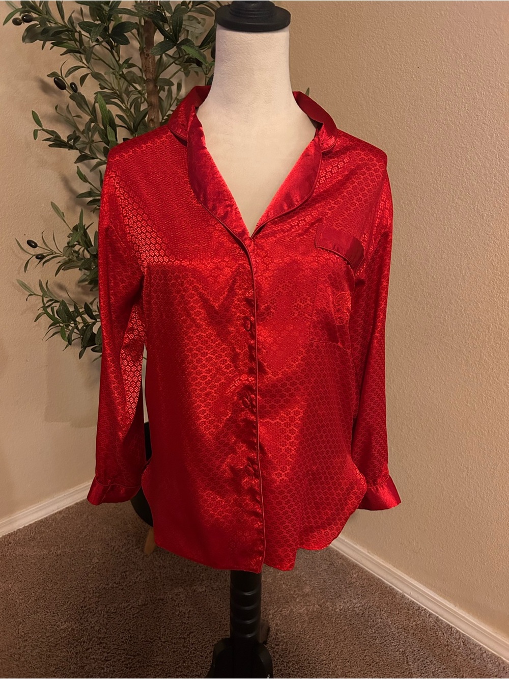 Victoria's Secret Pajama Top Gold Label Coquette Red Satin Monogram Jacquard